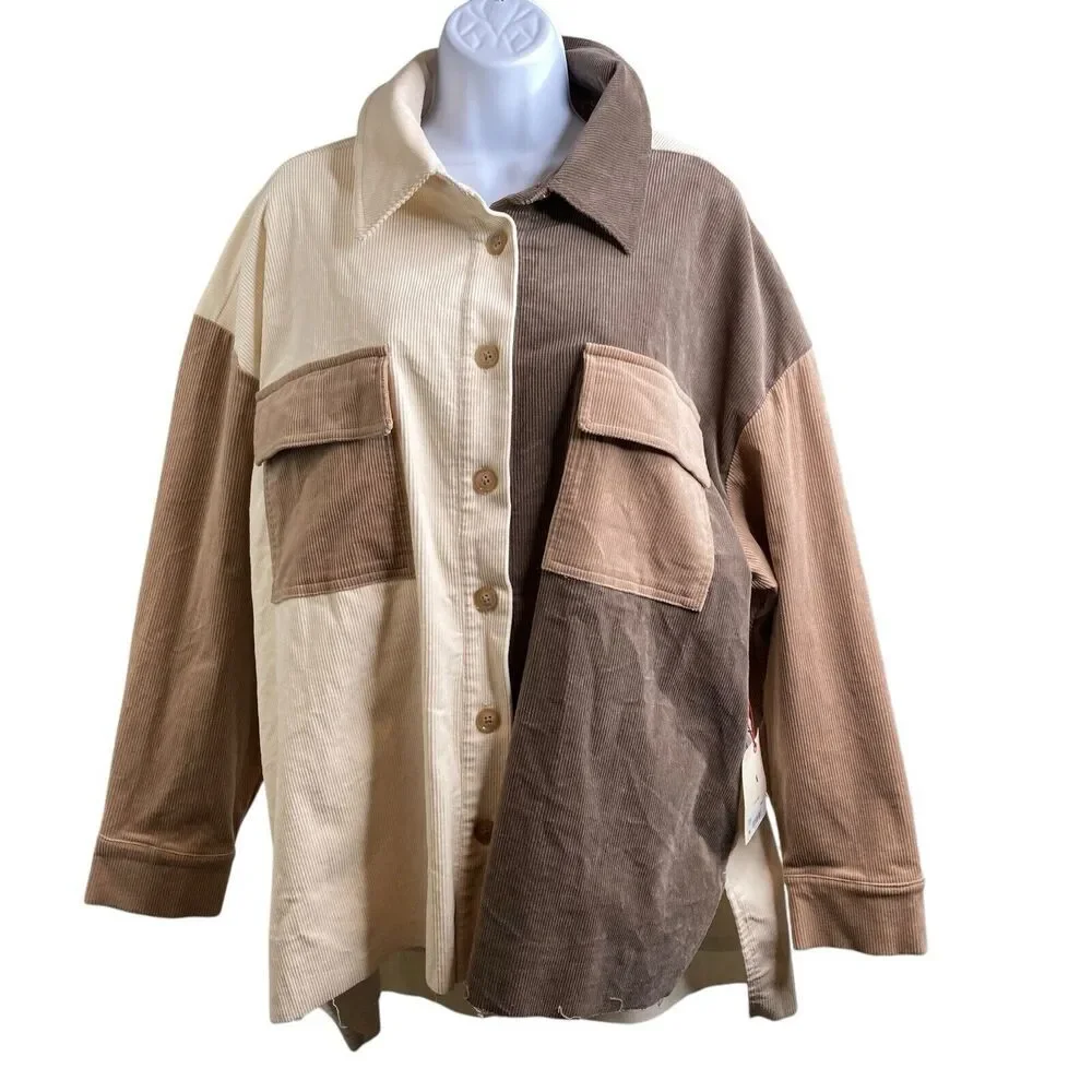Arula Women's Ivory Corduroy Shacket Size 1X Colorblock Patchwork Boho Jacket - Picture 1 of 16